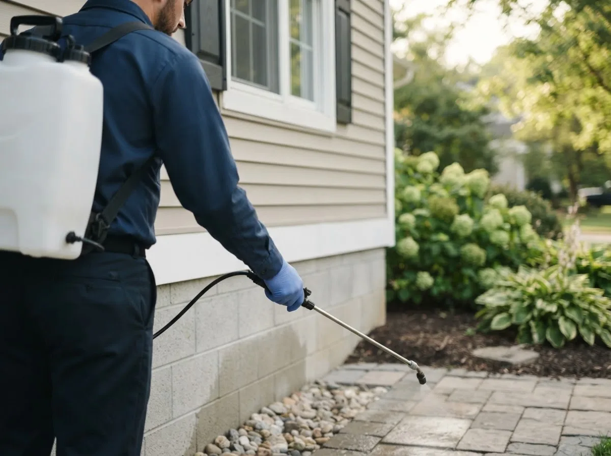 Pest control technician inspecting a home in Slingerlands, NY